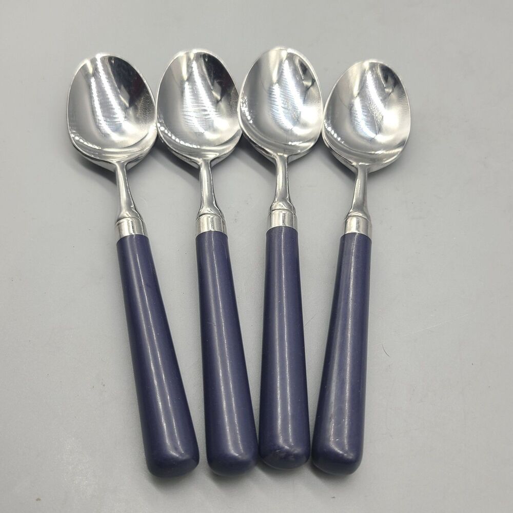 Vintage Stanley Roberts Set (4) Teaspoons Spectrum Navy Blue Handle Stainless